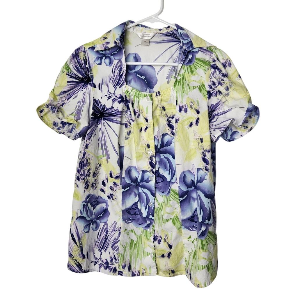 CJ Banks by Christopher Banks Purple Floral Puff Sleeve Pullover Blouse Size 1X